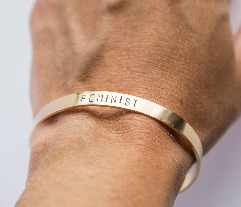 Feminist bracelet, hand stamped gold plated cuff bracelet