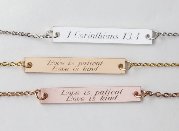 Love is Patient Love is Kind Necklace 1 Cor 13 Verse Bar Pendant,