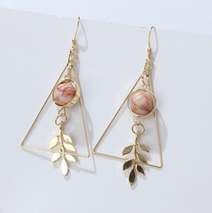 Stone Ball and Leaf in Triangle Earrings