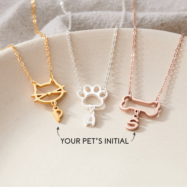 Pet Initial Necklace, Dog Cat Mom Gift, Paw Print Necklace, Pet Lover